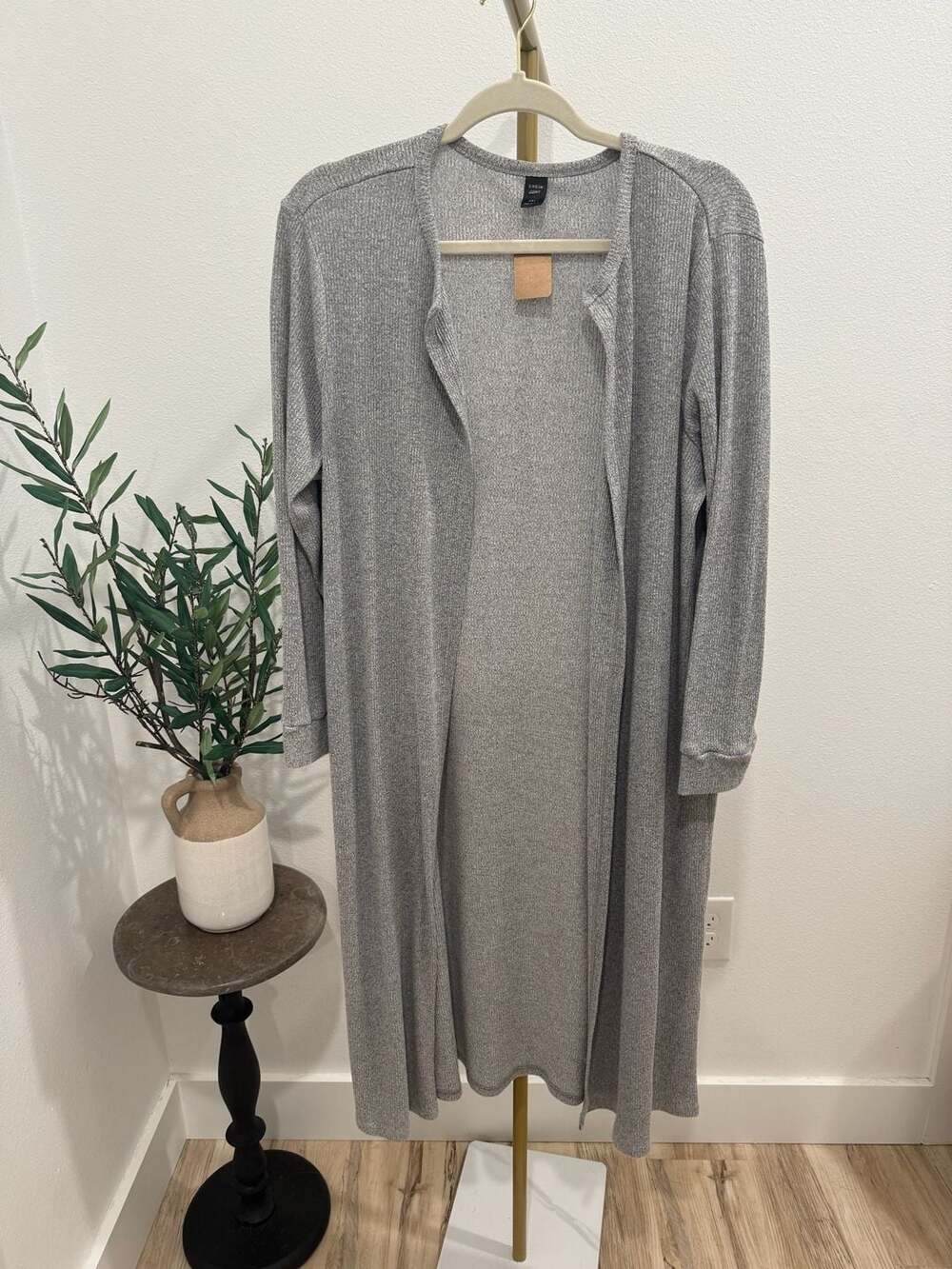 SHEIN Grey Ribbed Open Front Long Duster Cardigan